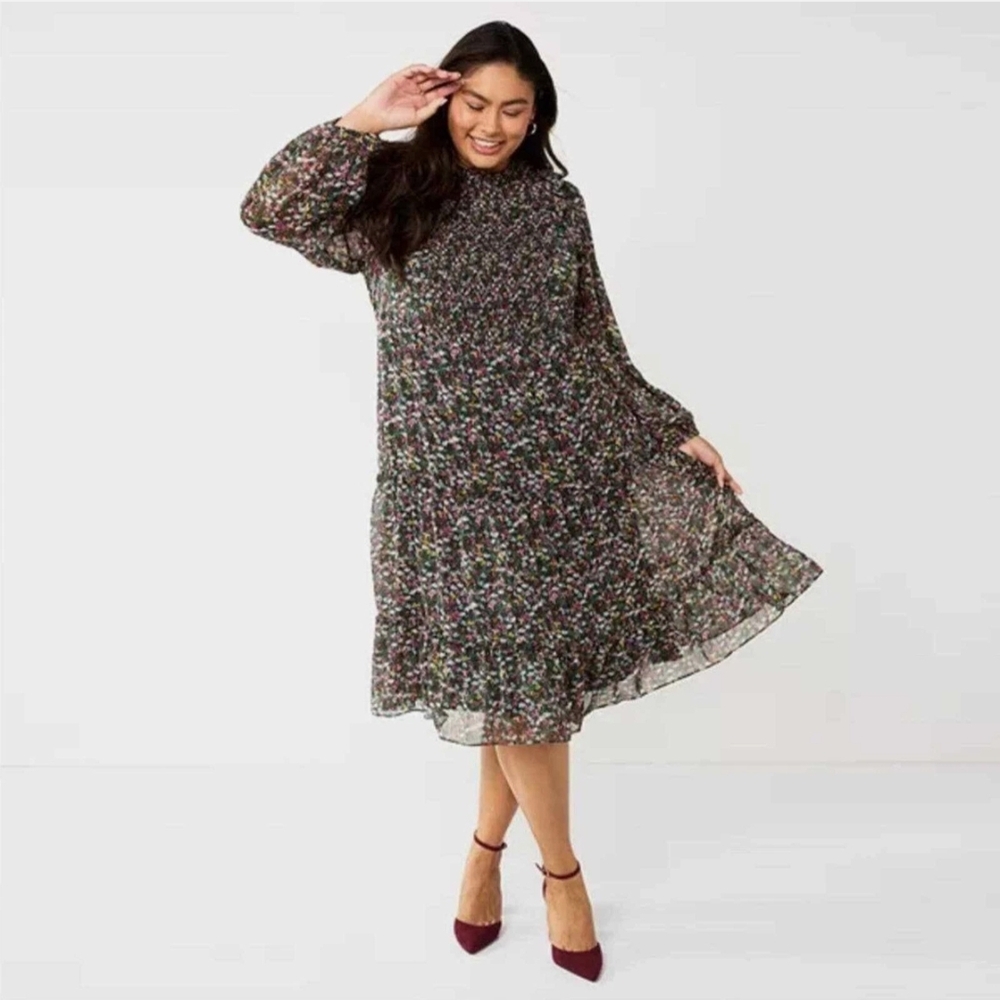 Draper James Black Floral Midi Dress with Multicolor Print